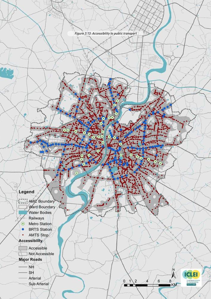 Accessibility to public transport. BRTS, AMTS and metro stops, and the wards beyond their reach.