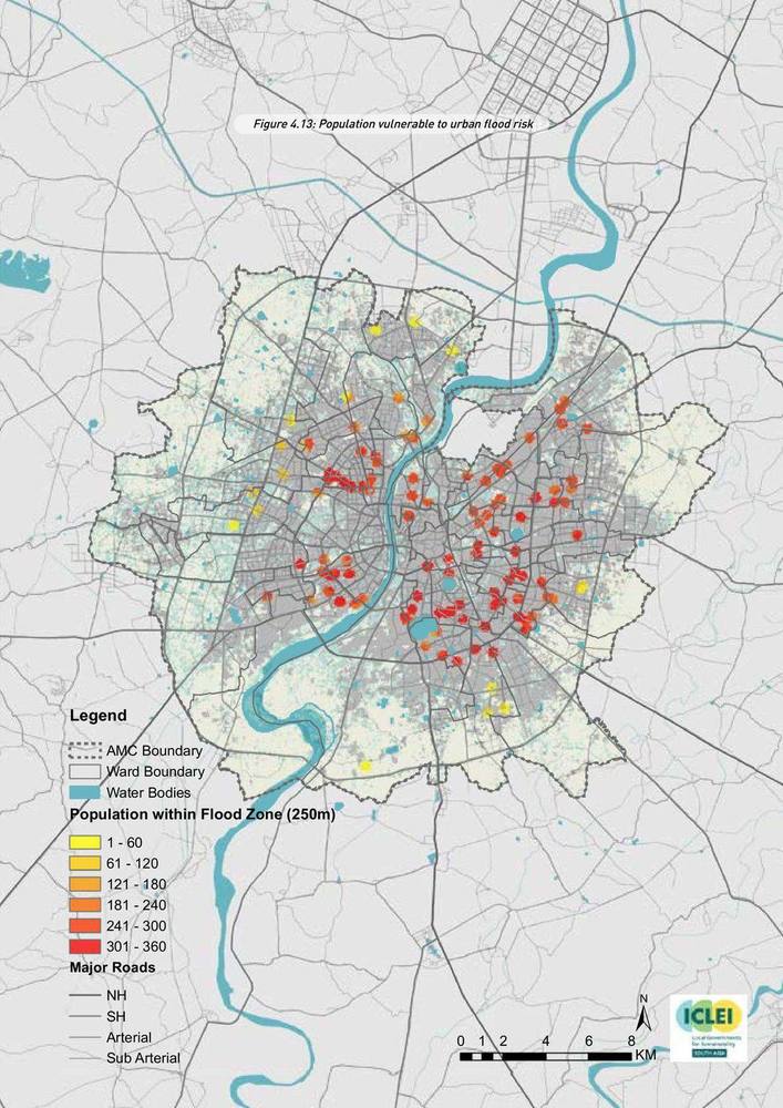 Population vulnerable to urban flood risk. People within 250 m of the flood zone.