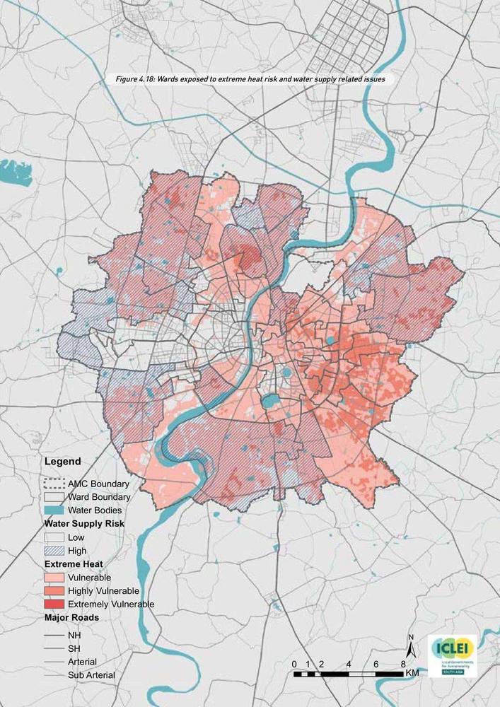 Wards exposed to extreme heat risk and water supply issues. The first cross: hazard against infrastructure.