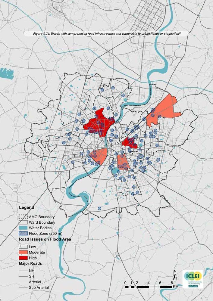 Wards with compromised road infrastructure, vulnerable to urban floods or stagnation.