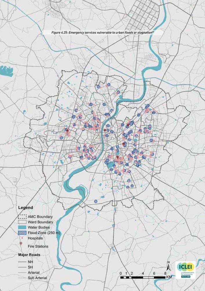Emergency services vulnerable to urban floods or stagnation. Hospitals and fire stations inside the flood zone — the city's own rescue, in the water.