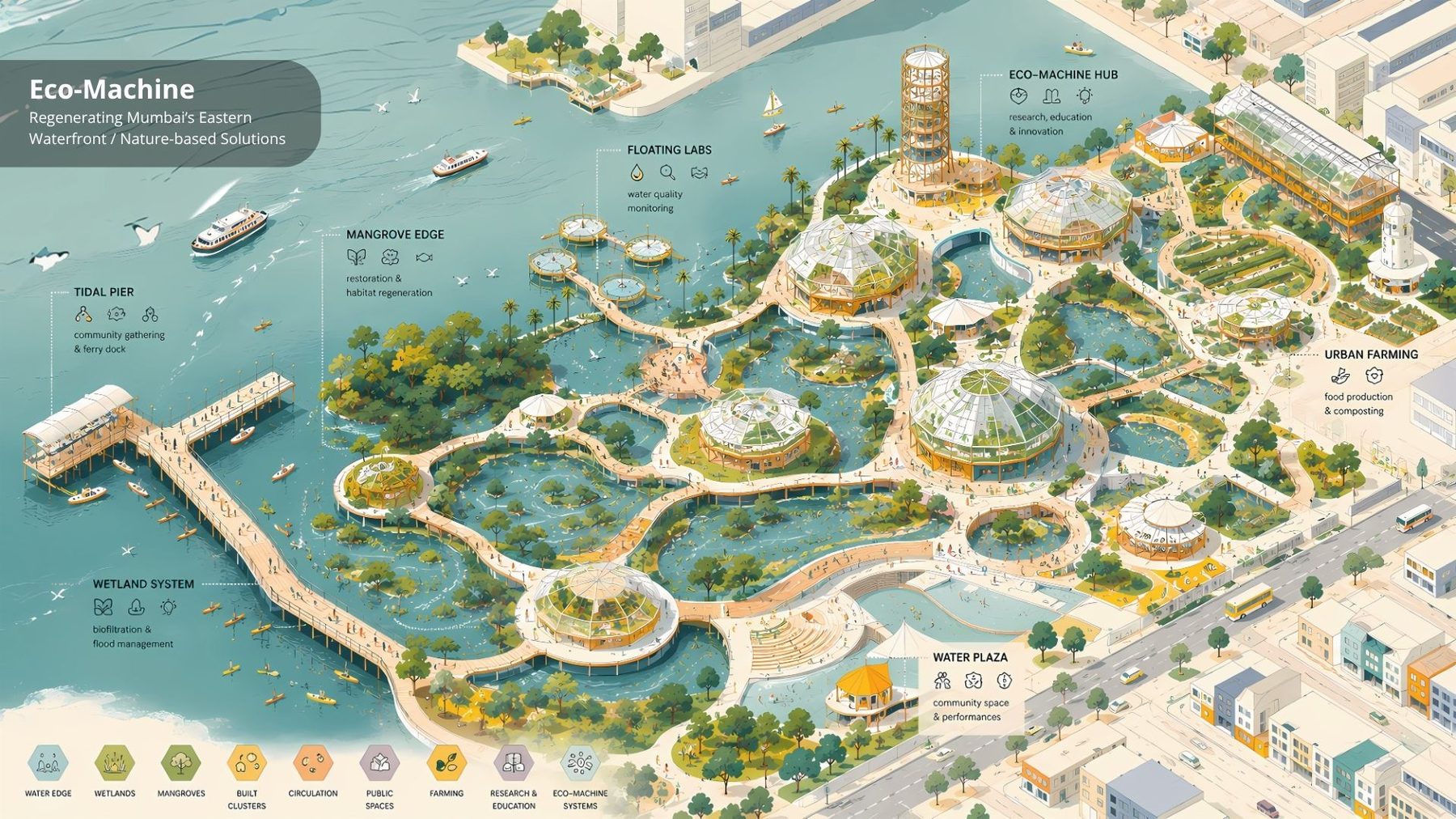 The eco-machine. The waterfront as one working landscape: tidal pier, mangrove edge, floating labs, wetland system, water plaza, urban farming, an eco-machine hub. The proposal, redrawn in 2026.