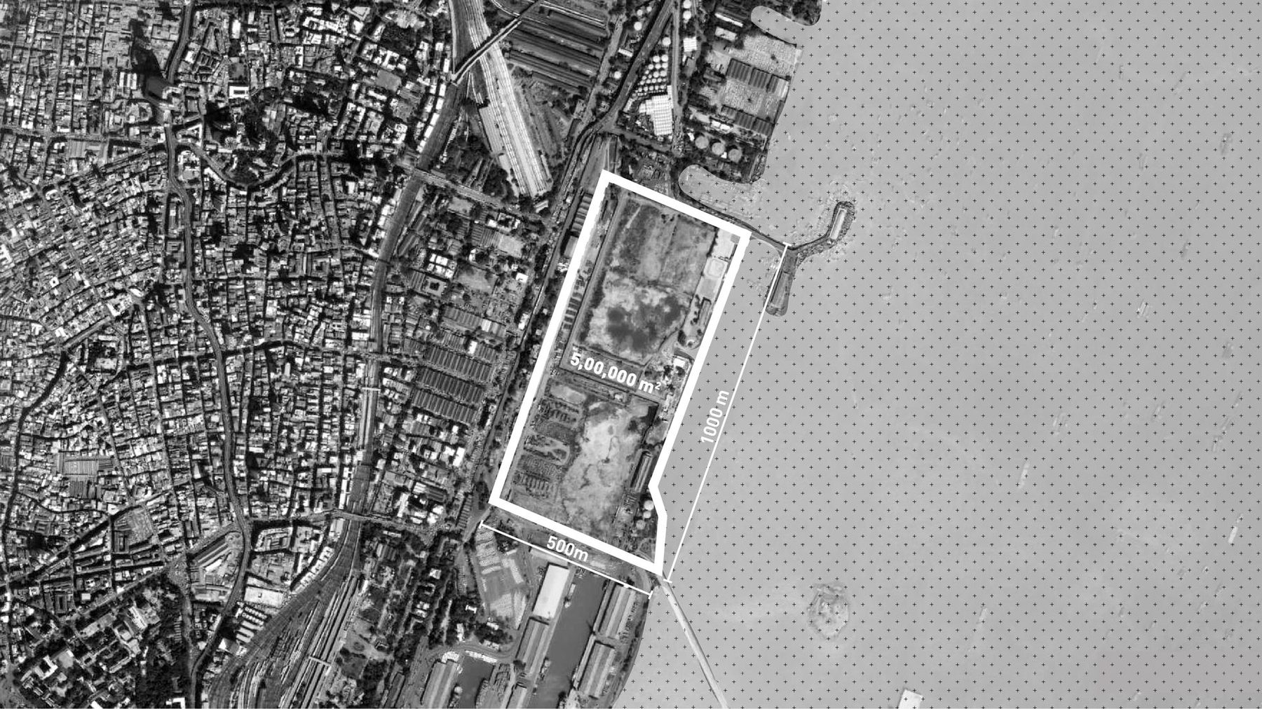The site from above. 300,000 sq m of dock land, the city's grain stopping dead at the port wall.