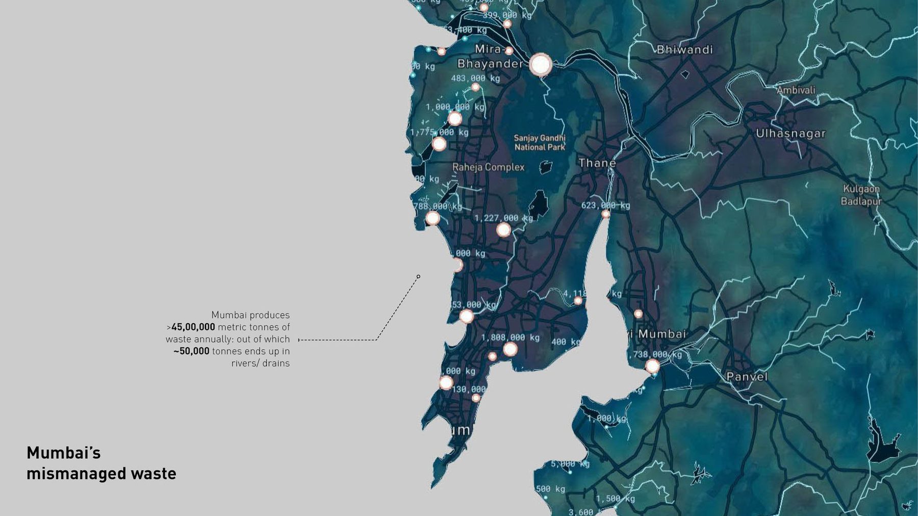 Mumbai's mismanaged waste. 40,00,000 tonnes a year, of which 37,000 tonnes end up in rivers and drains; the dots are the dumping grounds and the drains that feed the creeks.