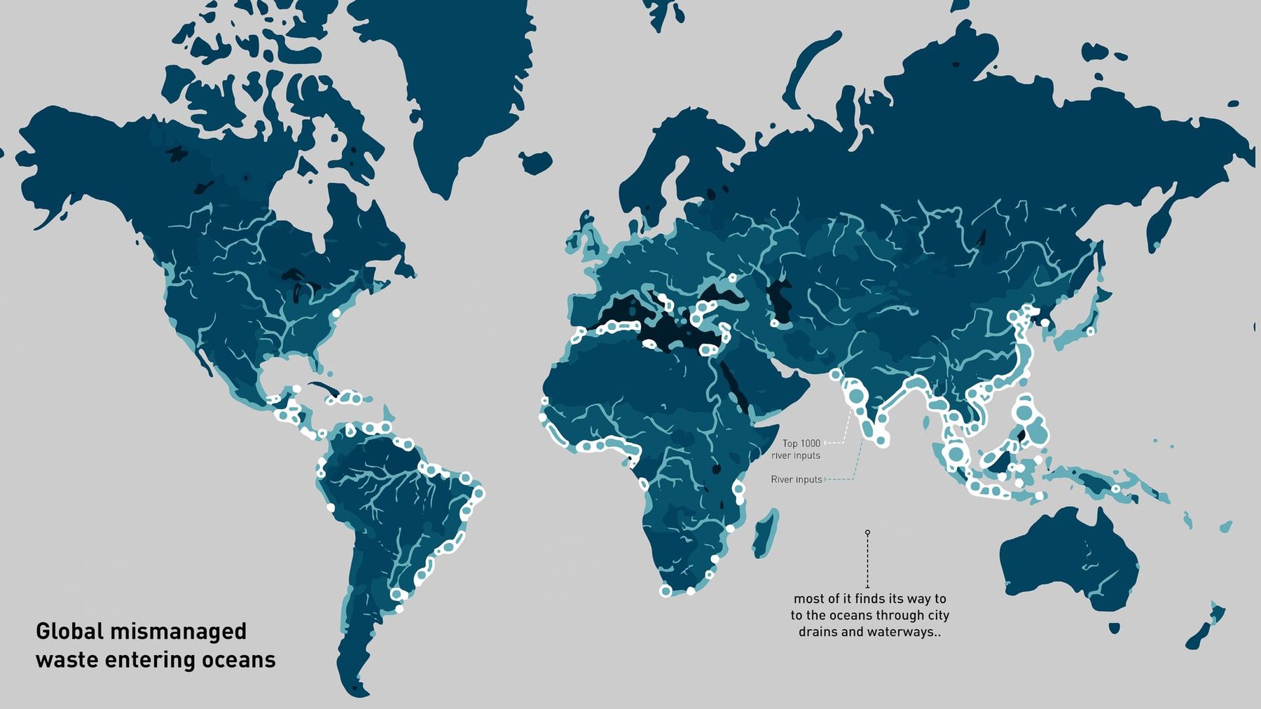 Global mismanaged waste entering the oceans. Most of it arrives through city drains and waterways.
