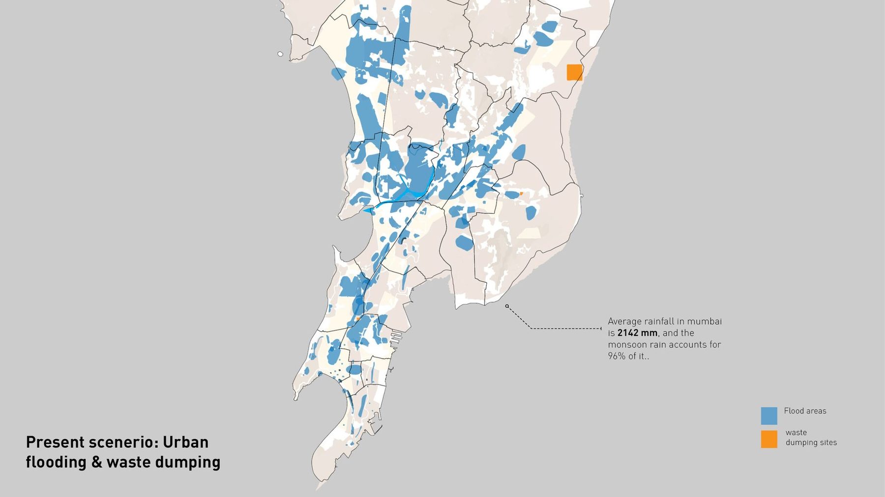 The present scenario. Flood areas in blue, dumping sites in orange. Average rainfall 2,142 mm, 96 per cent of it in the monsoon; the storm-water system holds 25 mm a day.