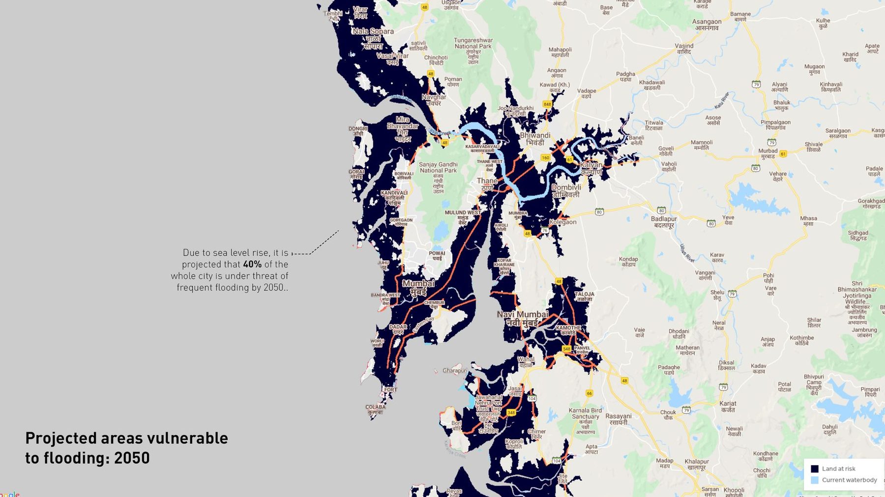 Projected areas vulnerable to flooding, 2050. Sea-level rise puts forty per cent of the city at risk of regular flooding.