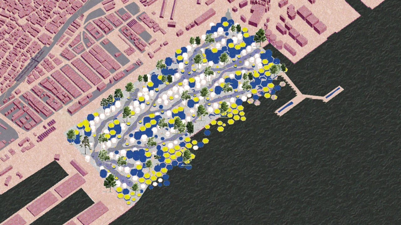The site plan, 2020. Public wetlands as the buffer against the harbour, drainage networks on site, the treatment modules under the public ground, floating modules off the edge.