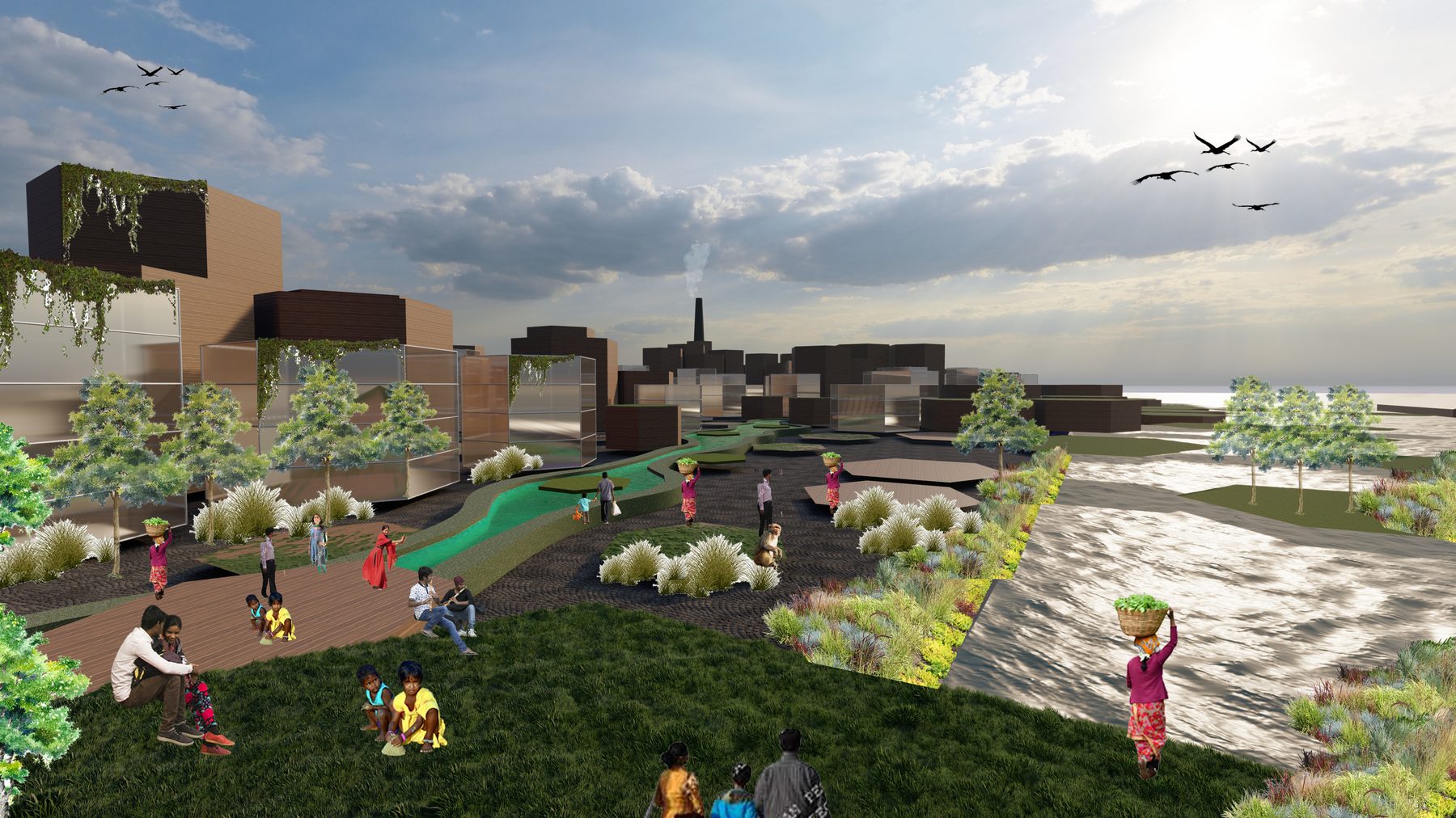 The terraced edge. Public ground stepping down to the wetland, the treatment modules beneath it.