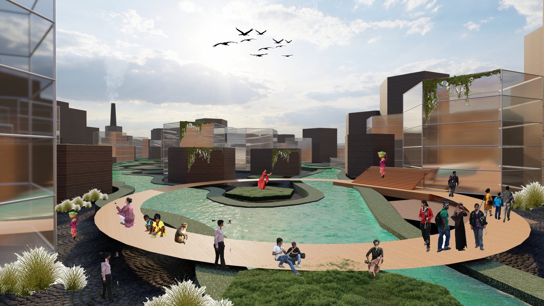 The water plaza. A ring over the wetland cell, the harbour beyond it.