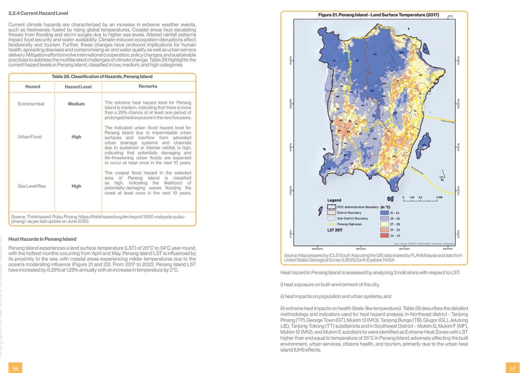 Penang Island. Land surface temperature, 2017 and 2022. The island runs 20–34 °C at the surface; the hottest ground is George Town and the Bayan Lepas industrial zone, the coolest the forested hill at its centre.