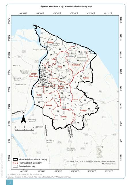 Kota Bharu. Administrative boundary and planning blocks; the Kelantan river to the west, the South China Sea to the north.