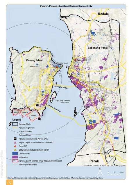 Penang Island. Local and regional connectivity: the two bridges, the expressways, the port and the airport at Bayan Lepas.