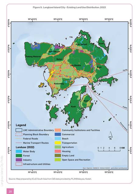 Langkawi. Existing land use 2022: forest on the massif, agriculture on the plain, tourism along the southern shore.