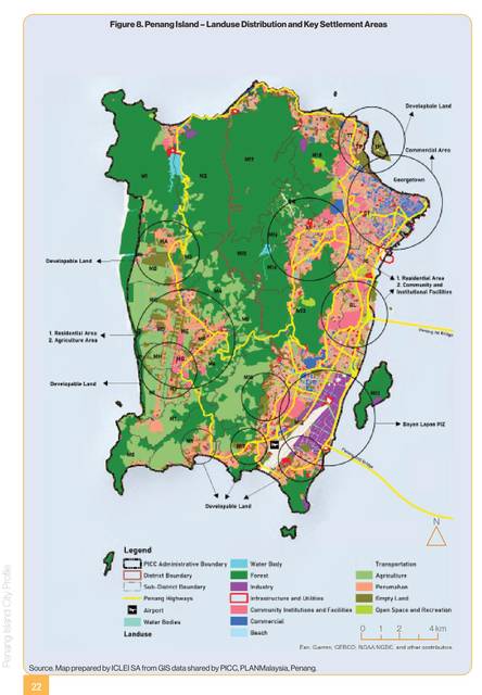 Penang Island. Land use and key settlement areas, 2022: 45 per cent forest, 14 agriculture, 13 housing, 8 transport.