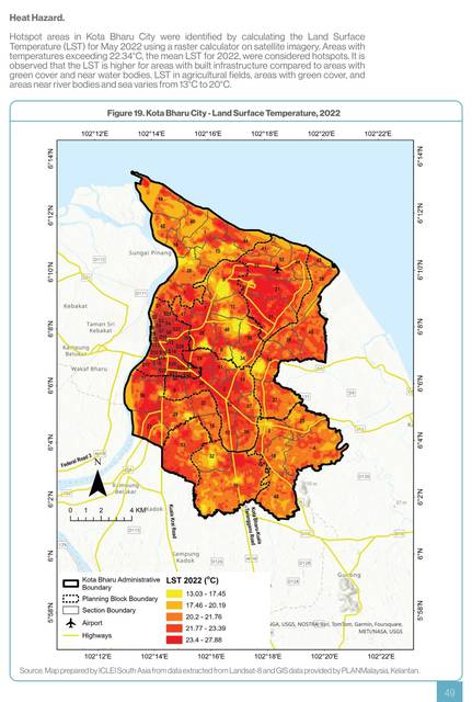 Kota Bharu. Land surface temperature 2022: the whole plain runs hot; the river corridor and the coast a degree or two cooler.