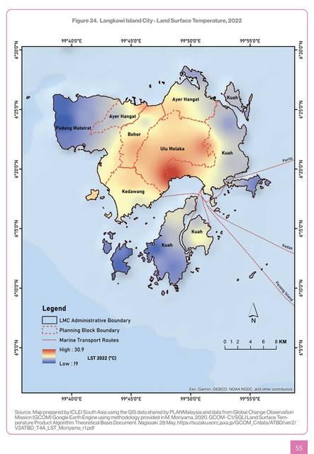 Langkawi. LST 2022: the town of Kuah and the airport plain hottest; the forested massif holds the cool.
