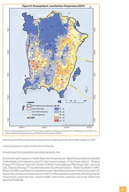 Penang Island. LST 2017 and 2022: George Town and Bayan Lepas hottest, the central hill coolest; 20–34 °C at the surface.