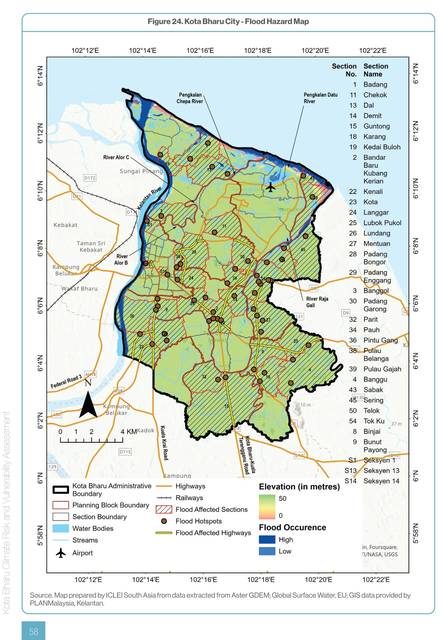 Kota Bharu. Flood hazard: the Kelantan river's floodplain, the low north-east wards, the December monsoon.