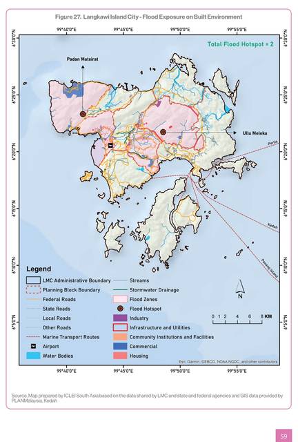 Langkawi. Flood exposure on the built environment: Padang Matsirat and Ulu Melaka the hotspots; 18.15 km² of the island in the flood zone.