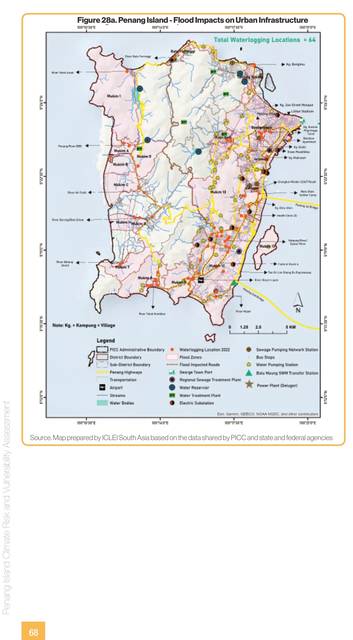 Penang Island. Flood impacts on urban infrastructure: 64 waterlogging locations, the north-east district's low ground and the river mouths.
