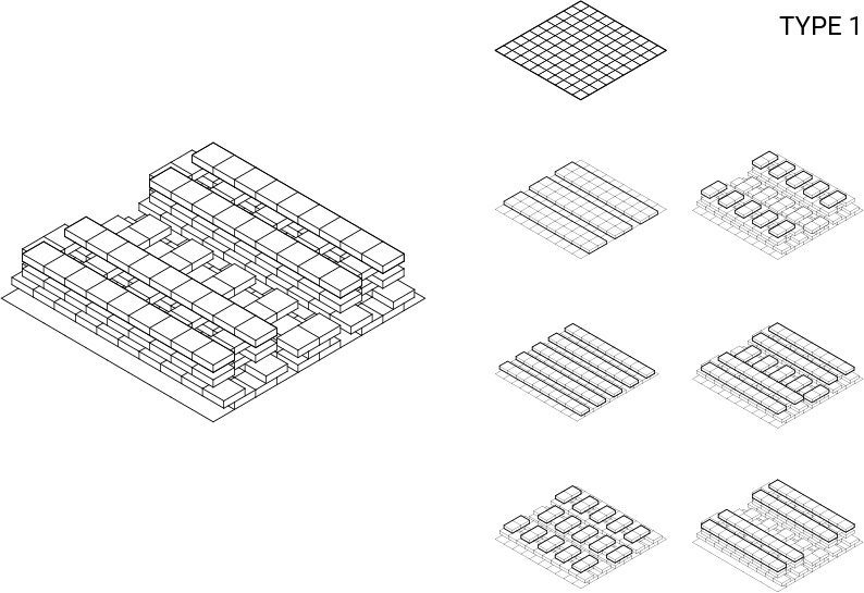 Type 1. Perimeter block on a coarse grid, staggered slabs.