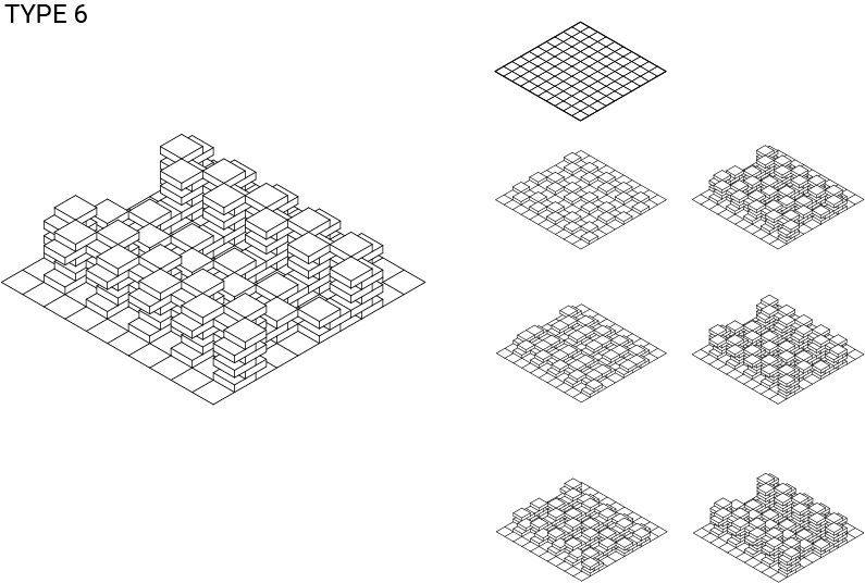 Type 6. Towers on a mat, the densest of the eight.