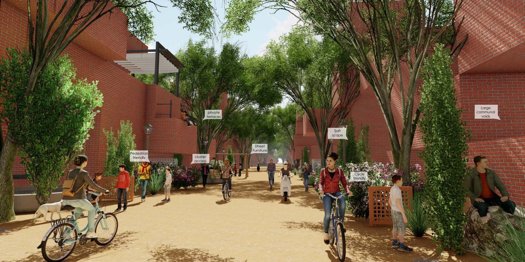 A street inside the block. The voids culled from the mass become shaded ground, and the staggered plates become terraces above it.