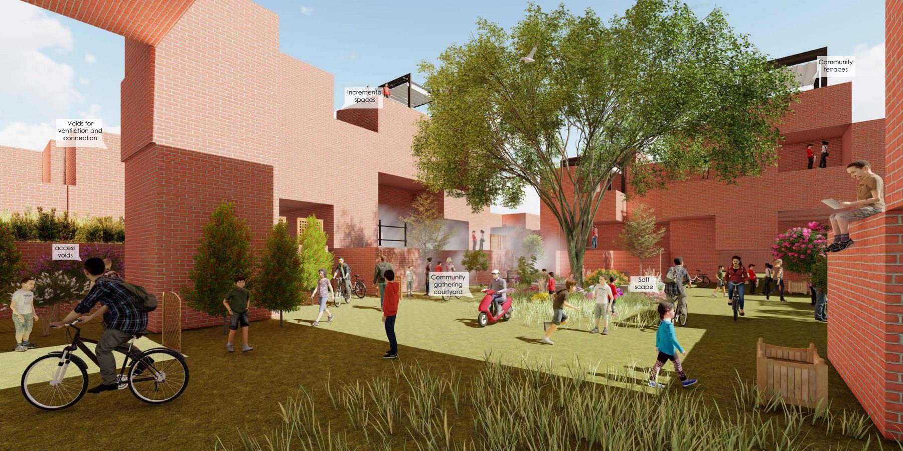 A court. Incremental terraces, a community gathering space, voids for ventilation, the rooftops as the open space the ground could not provide.
