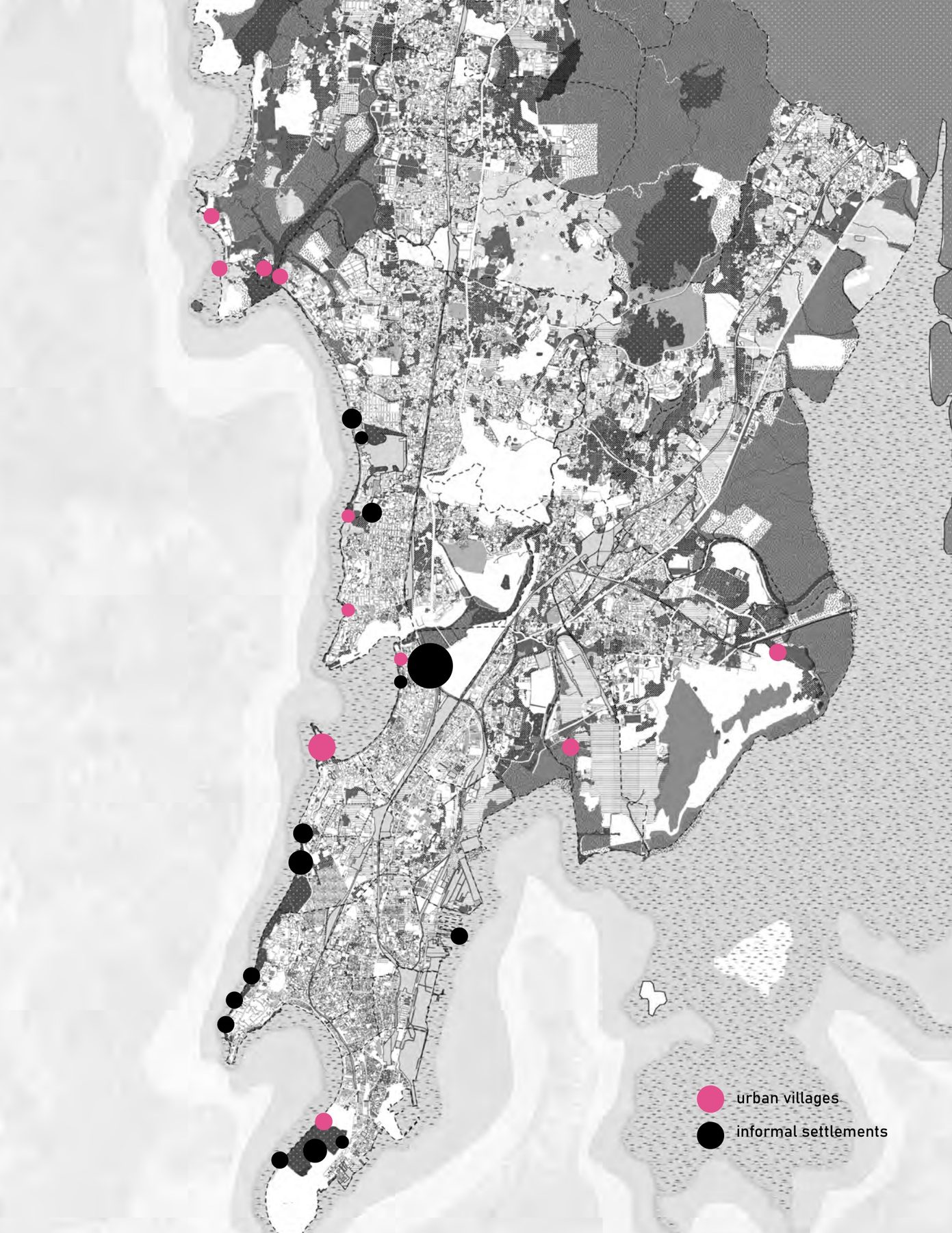 The koliwadas of Mumbai. The urban villages and informal settlements along both coasts, the fishing villages in pink.
