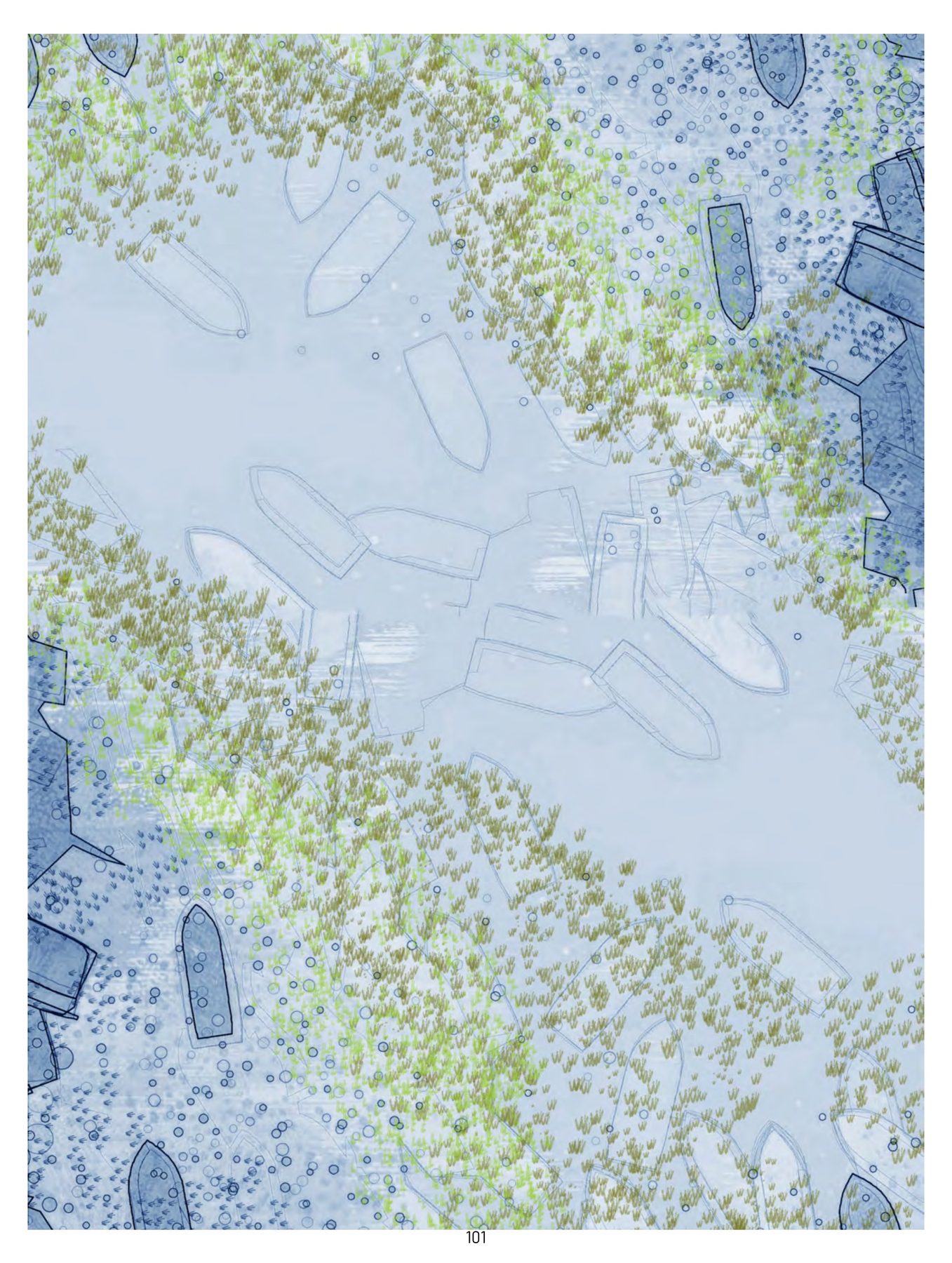 Contribution. The shore redrawn as a landscape of knowledge links, the village at its centre.