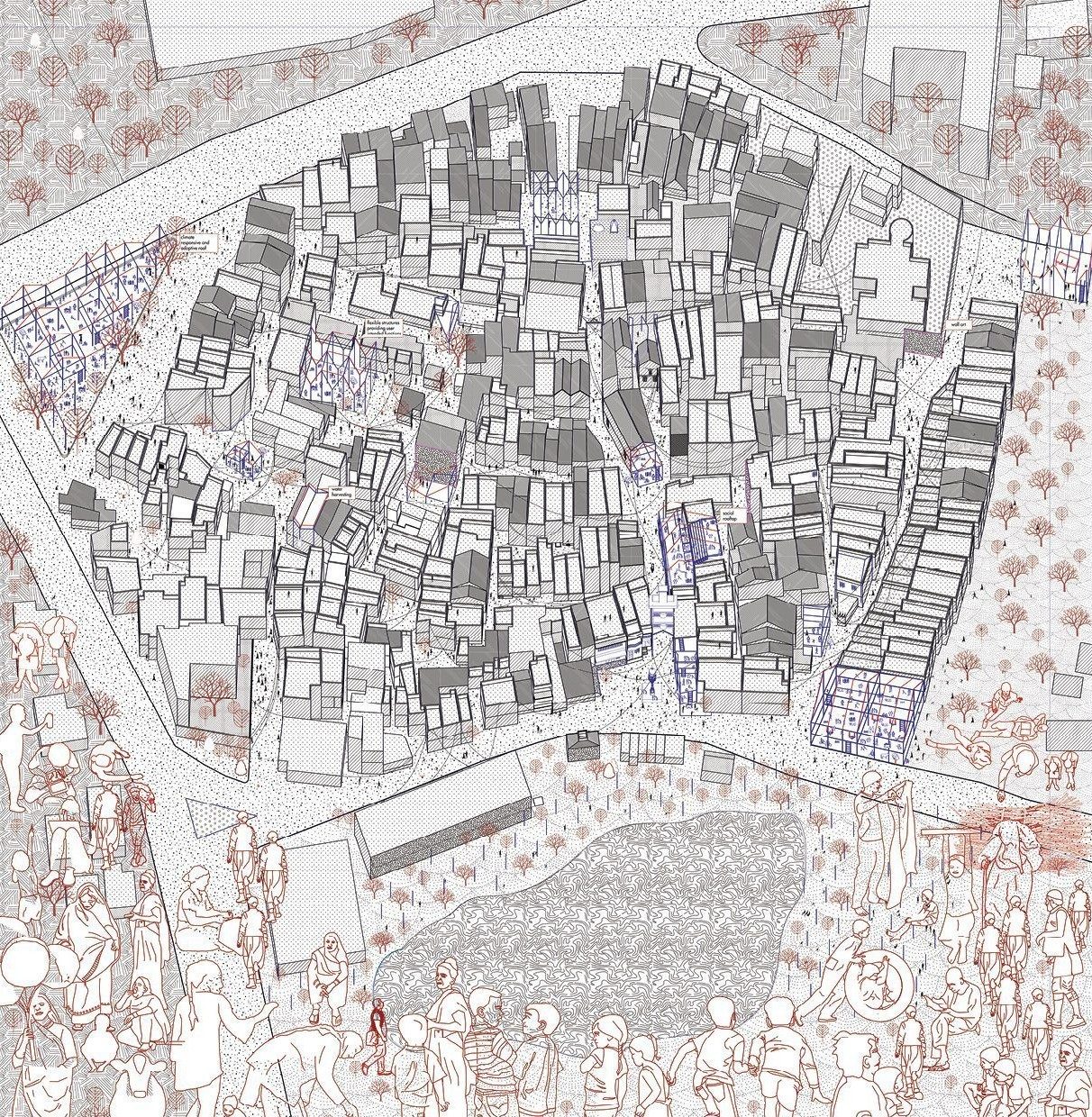 The village, whole. Interventions sited only where the boundaries overlapped.