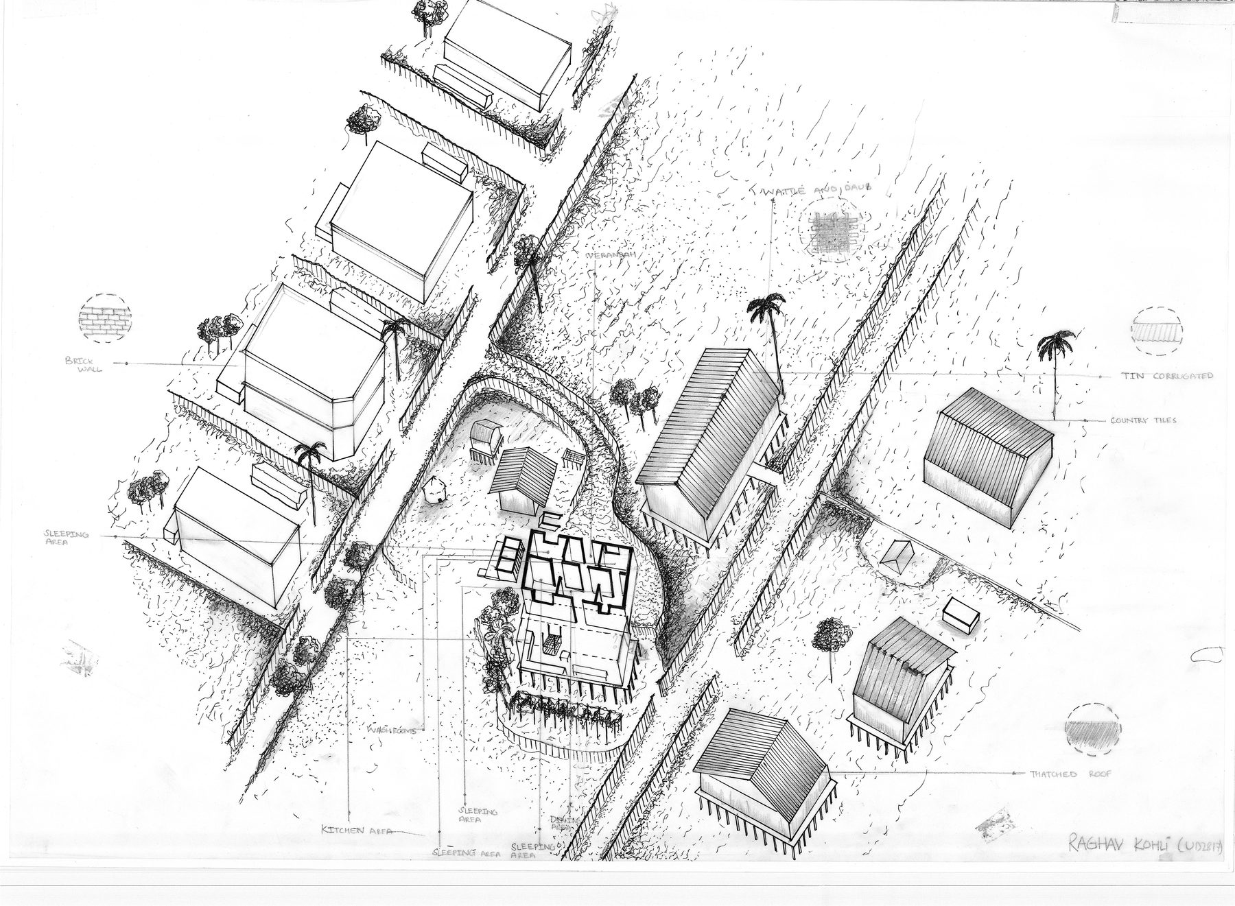 The homestead, axonometric. The chang ghar on its stilts at the centre, the granary and cattle shed around it, the neighbours' tin, tile and thatch roofs along the lane; brick wall, corrugated tin, country tiles and thatch keyed at the edges.