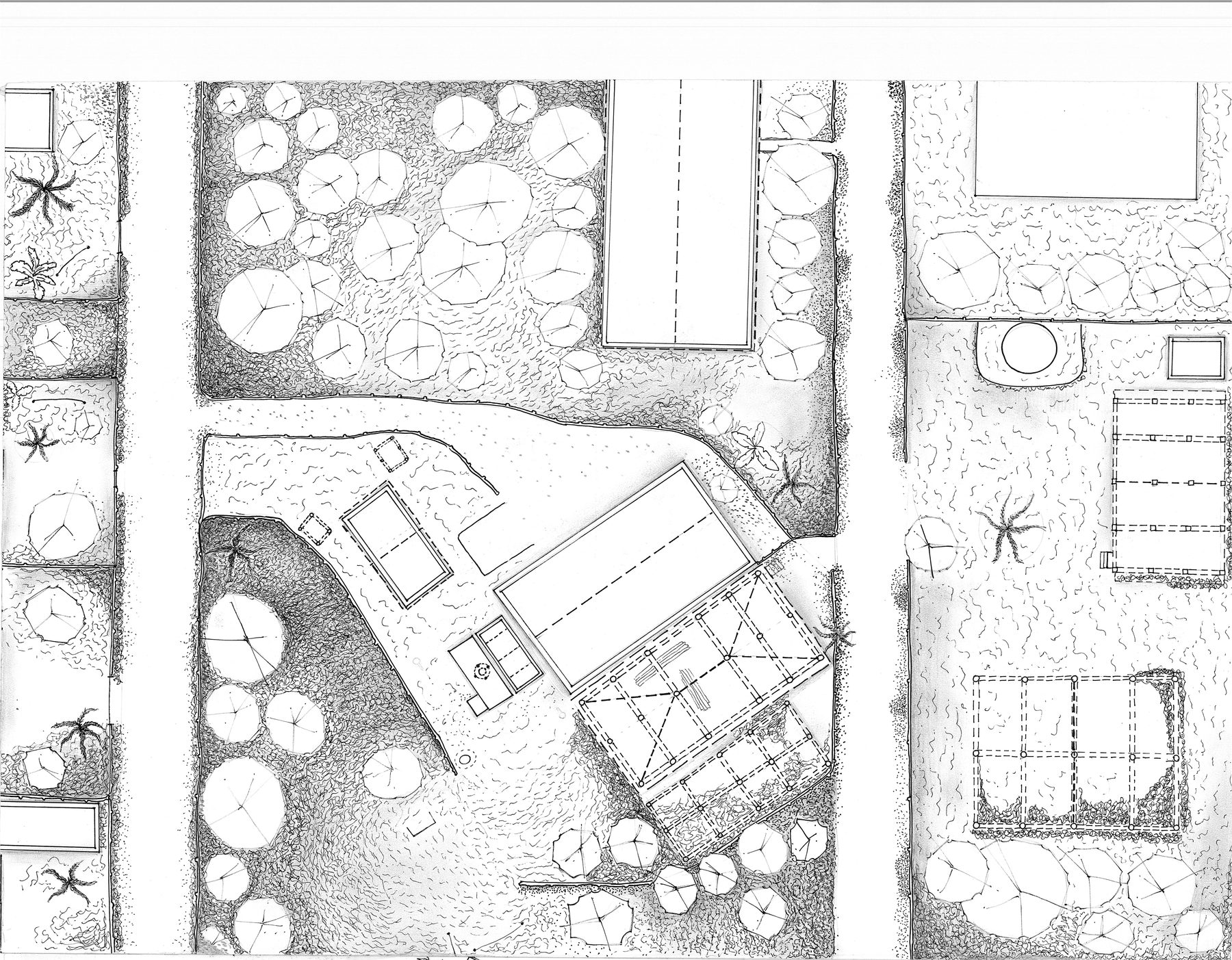 The compound in plan. The house and its verandah on the bamboo platform, the granary, the bathing and water place, the vegetable patch, the bamboo and areca palms along the boundary, the lane and the neighbours' plots beyond.