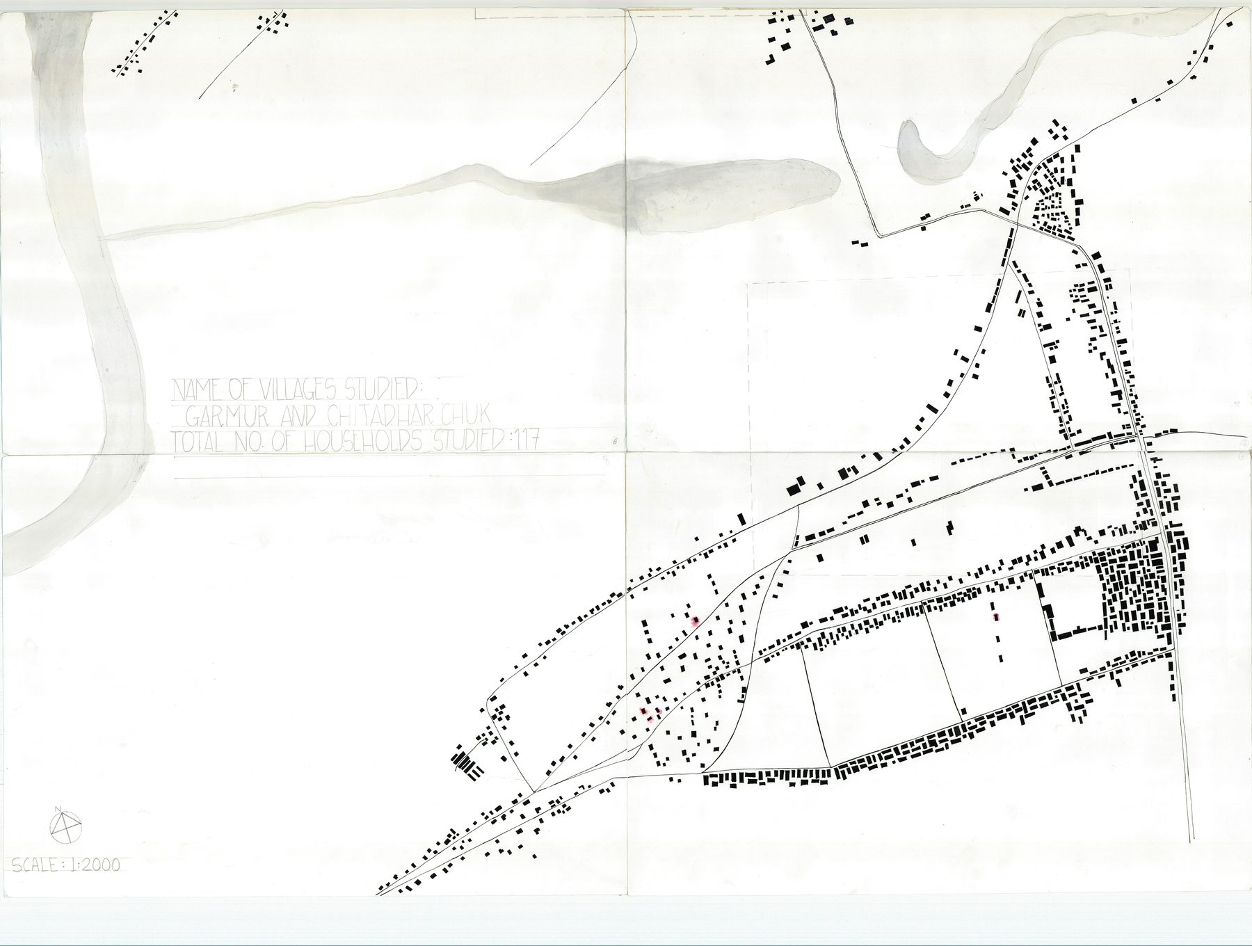 Key plan, 1:2000. The villages studied, the households as black squares along the roads, the river channel in grey wash.
