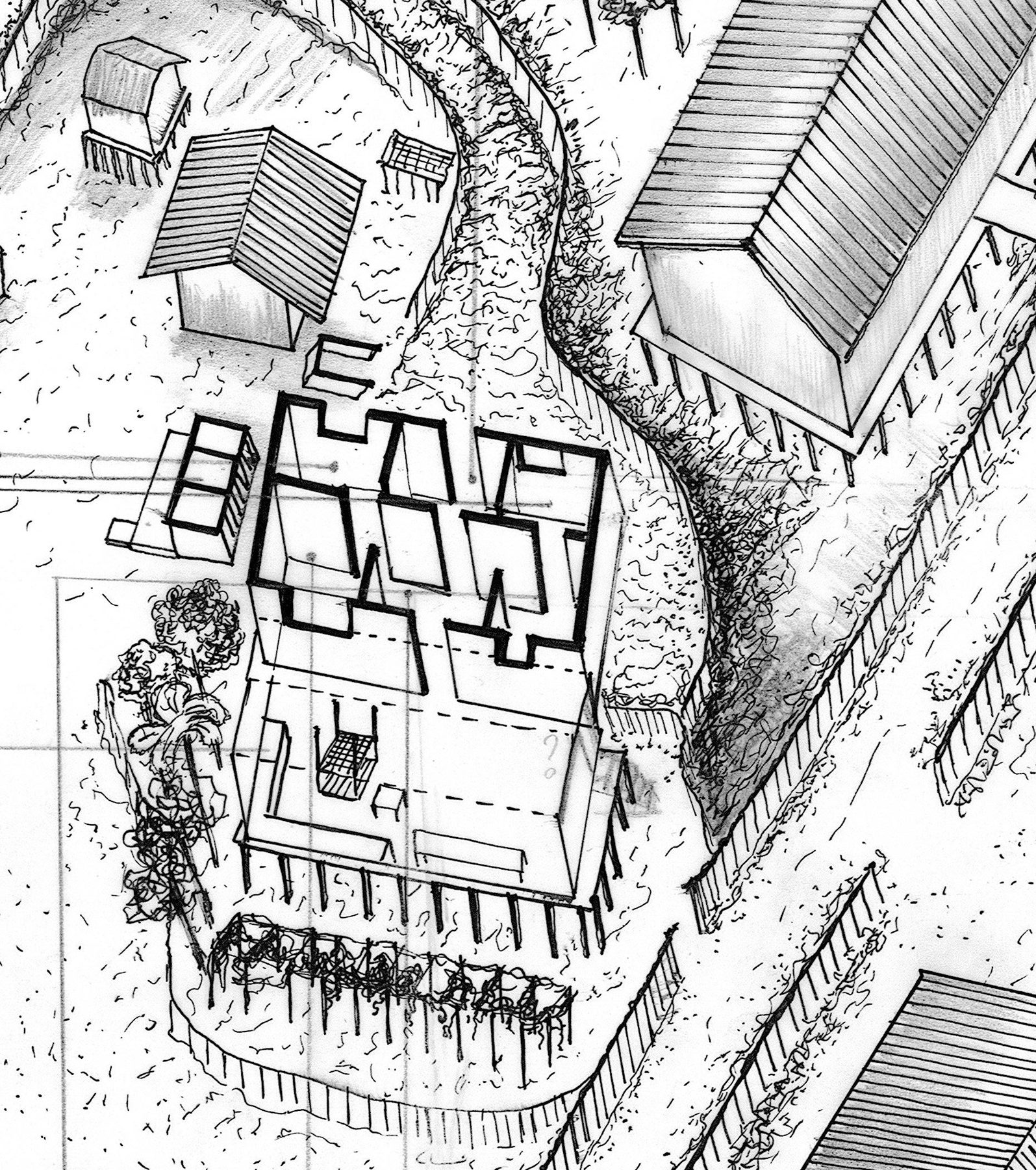 Detail. The chang ghar: the bamboo-and-timber platform on stilts, the sleeping areas and kitchen drawn through the roof, the ladder and verandah, the trees the house is built between.