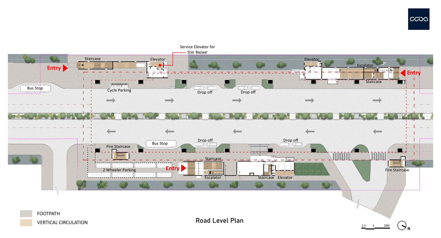 Road level. Entries from both footpaths, bus stops and drop-offs, cycle and two-wheeler parking, the vertical cores; the service lift for the tenant below.