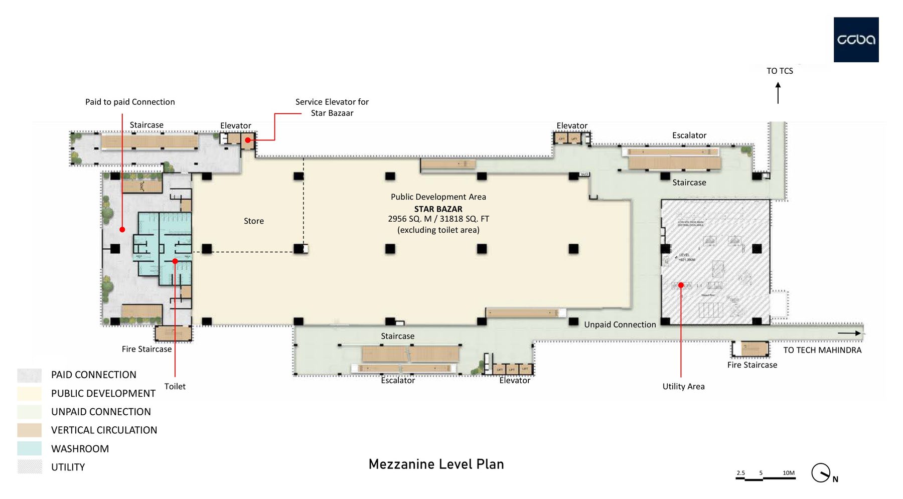 The paid-to-paid and unpaid connections either side of a 2,956 sq m public development area.
