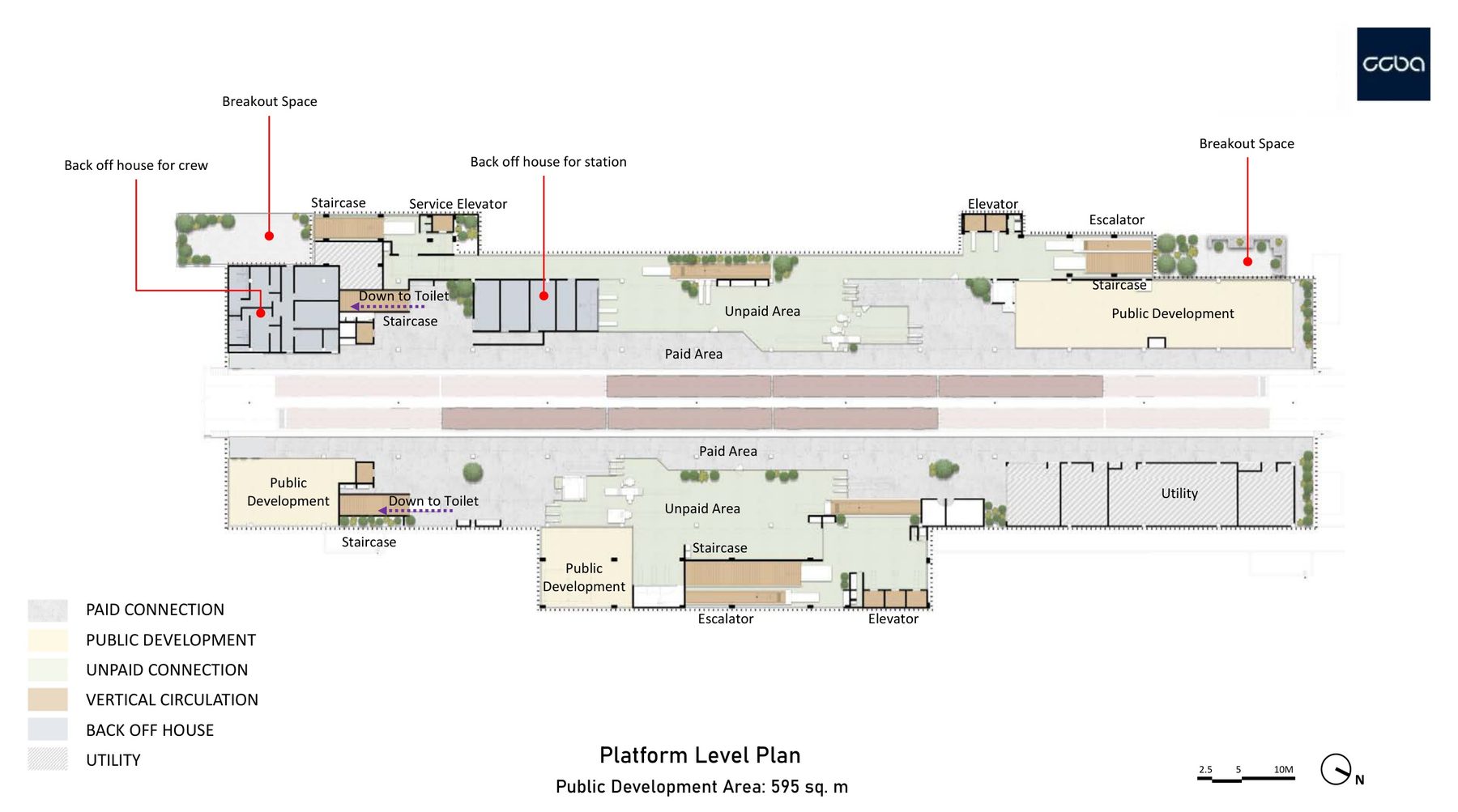 Paid area on the platforms, breakout spaces and back-of-house at the ends; 595 sq m of public development.
