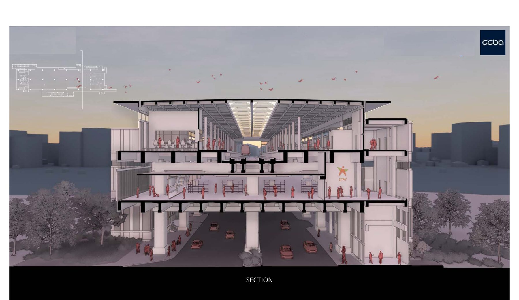Typical station section. The cantilever type: concourse over mezzanine over road, the roof cantilevered past the platforms, the street kept open below.
