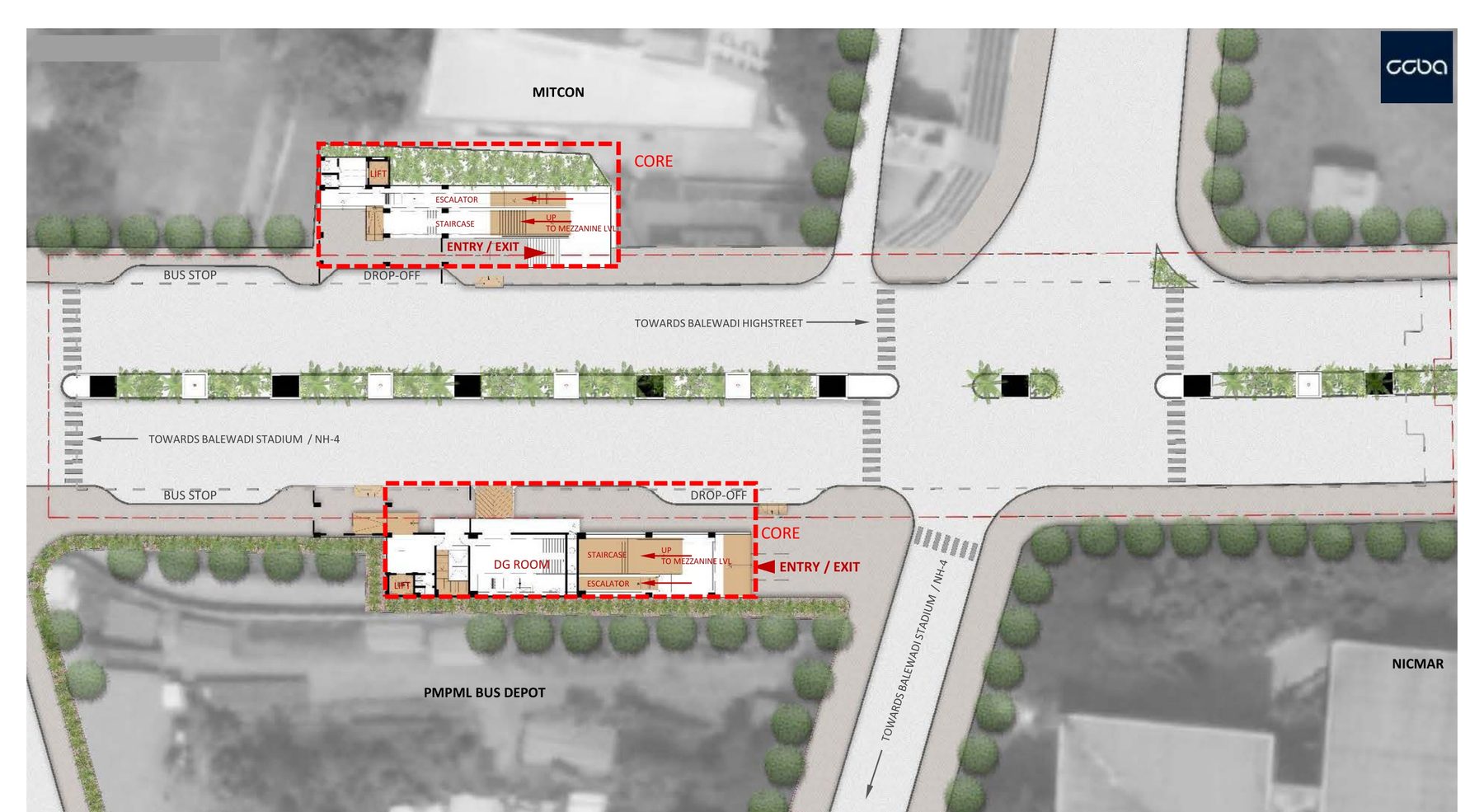 Layout 02, road level. The station box between NICMAR, the bus depot and Balewadi High Street: drop-offs, bus stops, the DG room, entries and exits on both sides.