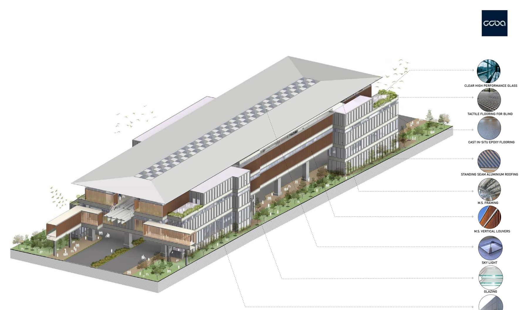 The station with each material called out: aluminium roof, steel louvres, skylight, glazing, ACP, epoxy floor, tactile strips.