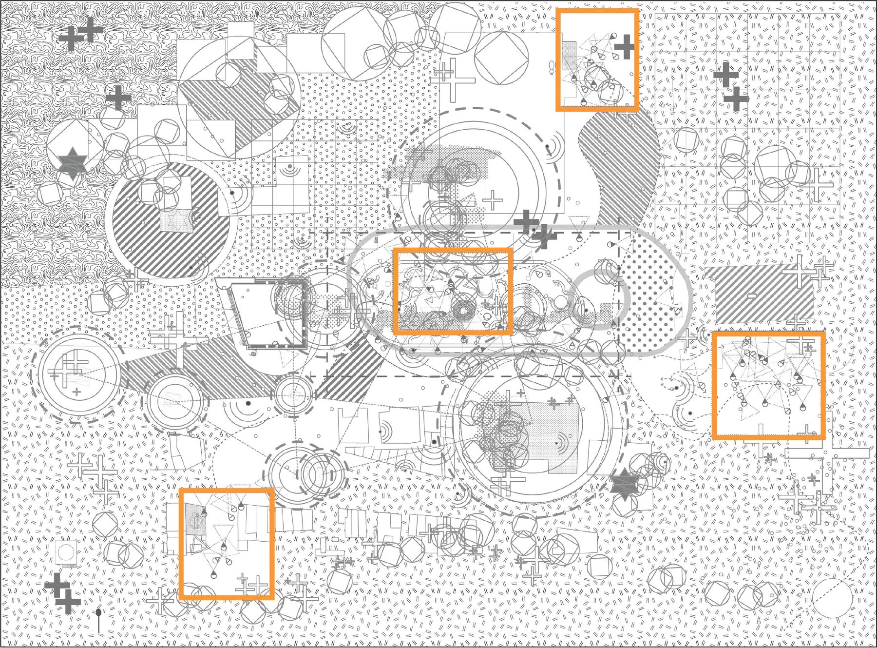 Life in boxes. A visual ethnography of Bhadra Plaza. The drawing follows the everyday path of the families living inside the plaza; the orange boxes are the places that hold it together.