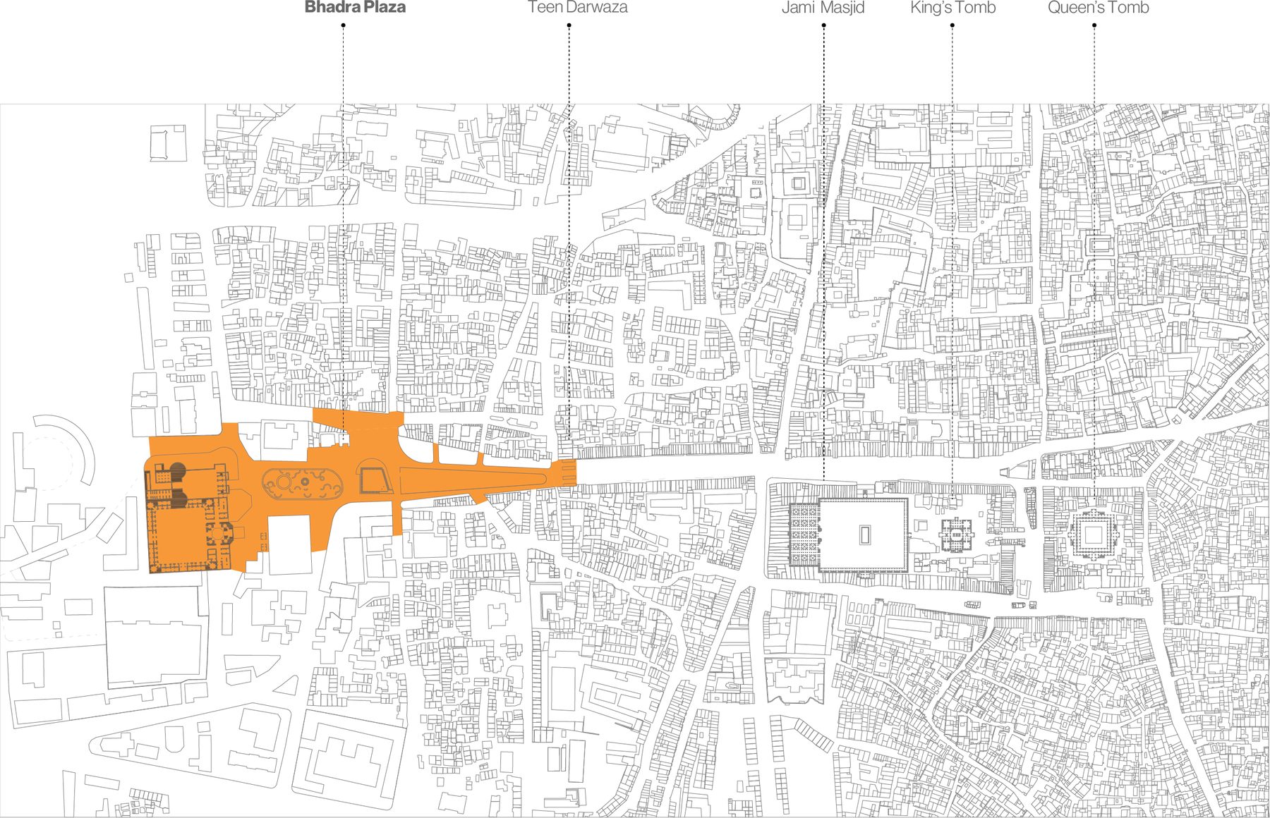 Situating Bhadra. The precinct in orange: the fort, the plaza and its gardens, Teen Darwaza, and the walled city running east to the Jami Masjid and the tombs.