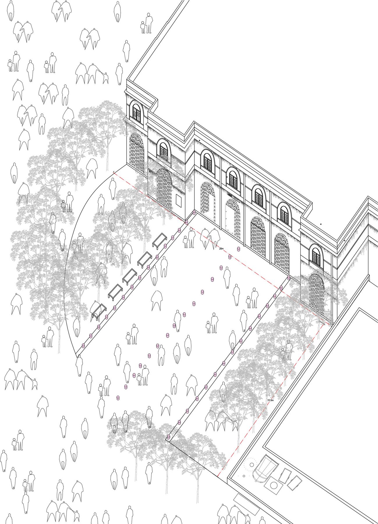 Himabhai library. The insert: the structures against the front removed, a patterned, lit reading ground under trees, defined entries and seating along the edge.