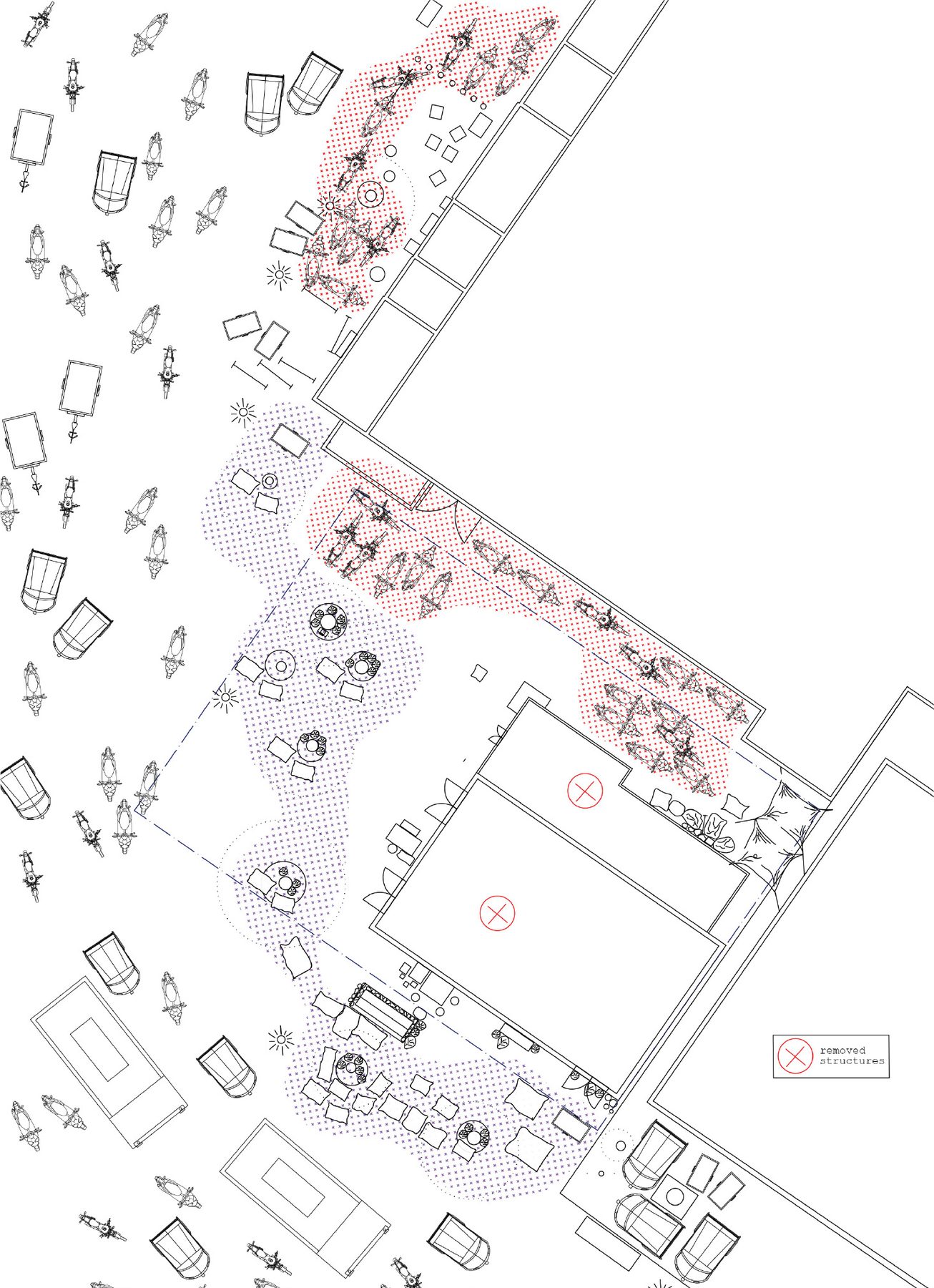 Himabhai library. Existing scenario: vending against the front, entries surrounded by vehicles, the structures to be removed marked.