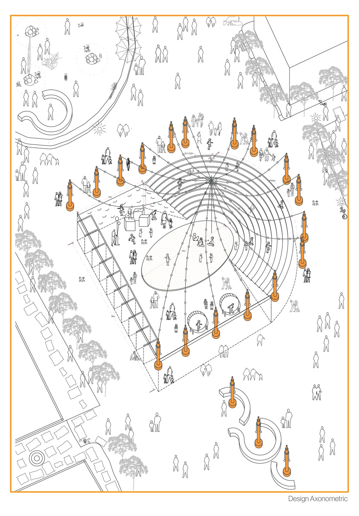 UCO museum. The insert: the irregular plinth regularised into an amphitheatre, with a row of cubicles along one edge and play elements around it.