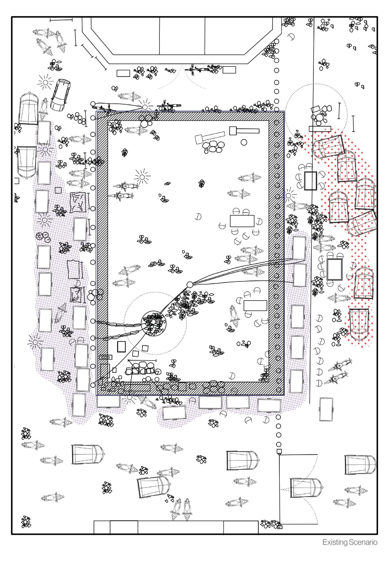Open platform. Existing scenario: the rectangular platform facing the mosque, used for parking when it is used at all.