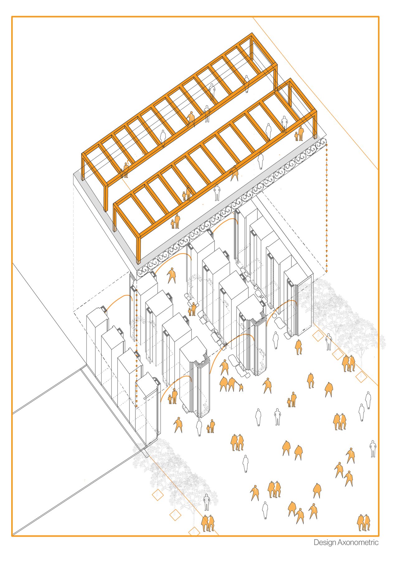 Teen Darwaza. The insert: access to the roof through the unused adjacent buildings, a pergola and benches on top, the hawkers given a defined vending edge.