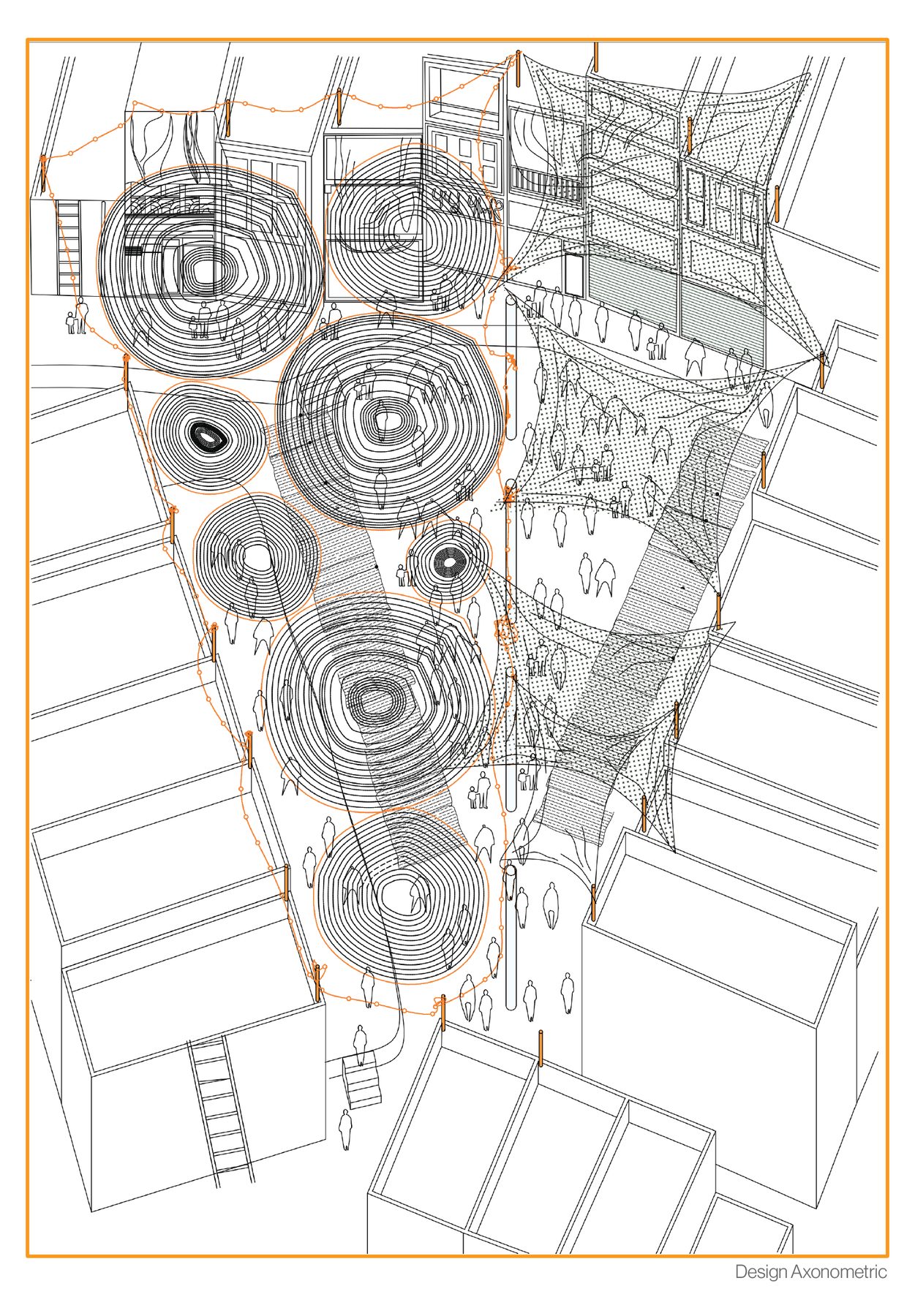 Cloth market. The insert: a footpath and vending on defined edges, and a crocheted roof over the leftover space beside the market, as a play area.